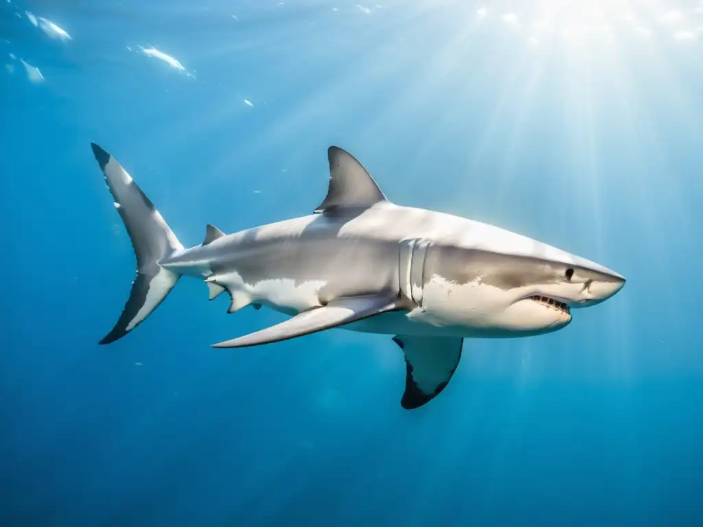 Una fotografía submarina de un tiburón blanco planeando grácilmente en las cristalinas aguas oceánicas, rodeado de vida marina