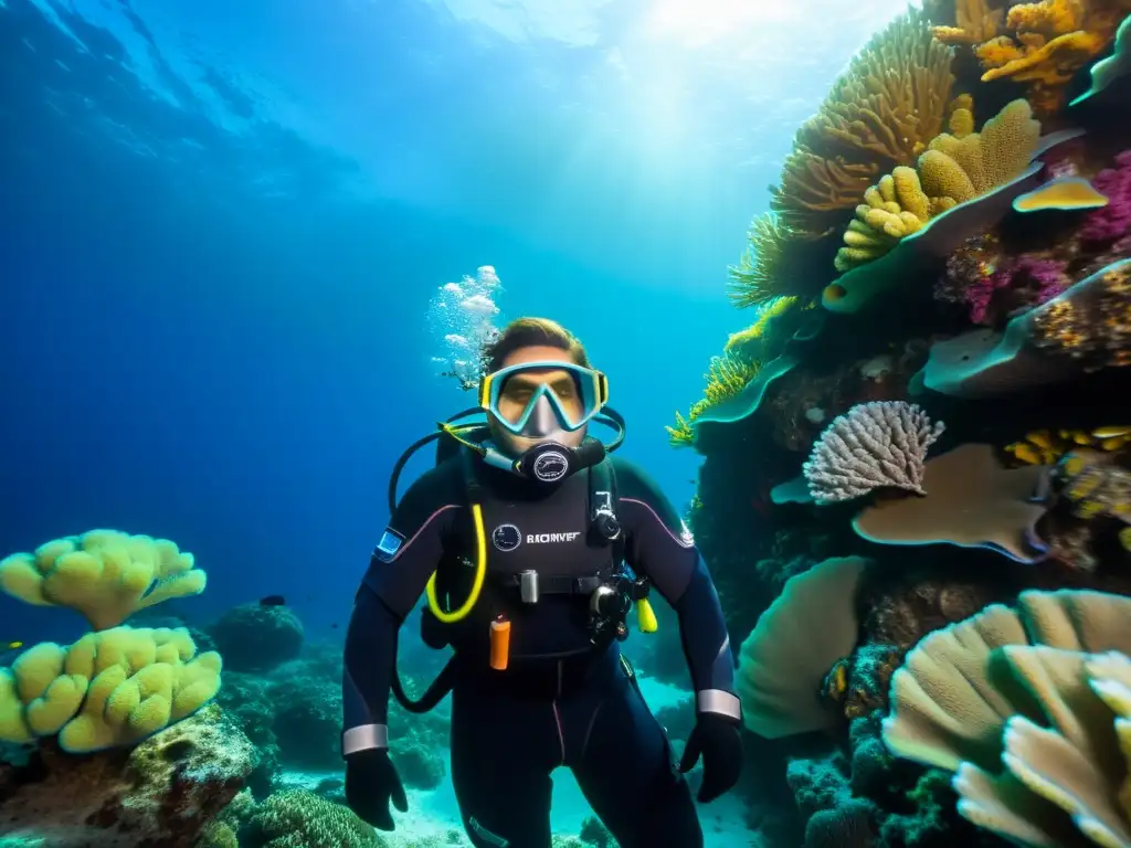 Exploración submarina con traje de buceo con regulación térmica, rodeado de arrecifes de coral y vida marina vibrante