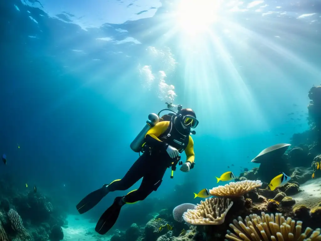 Exploración submarina con trajes de buceo para condiciones extremas, rodeados de vida marina y rayos de sol