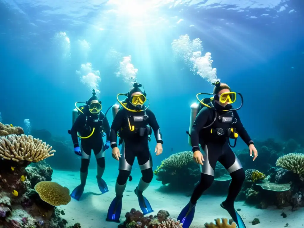 Exploración submarina en trajes de buceo para condiciones extremas, iluminando el arrecife de coral y la vida marina con potentes linternas