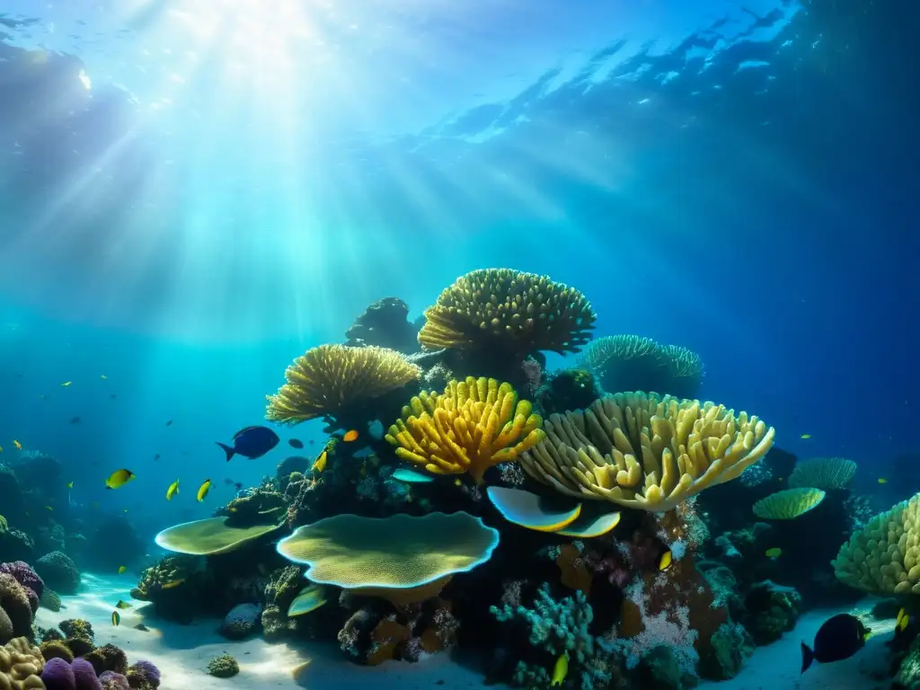 Una fotografía submarina de un vibrante arrecife de coral con peces coloridos y vida marina, iluminado por rayos de sol