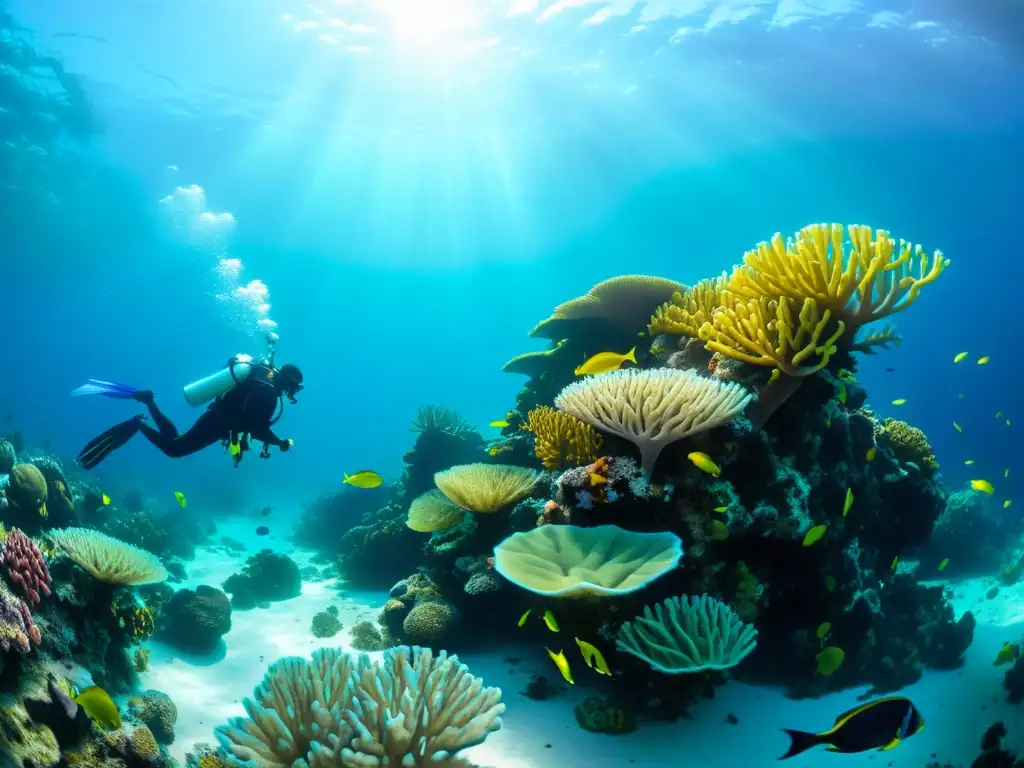 Fotografía submarina de un vibrante arrecife de coral lleno de vida marina, con buceadores y dispositivos para mejorar seguridad buceo