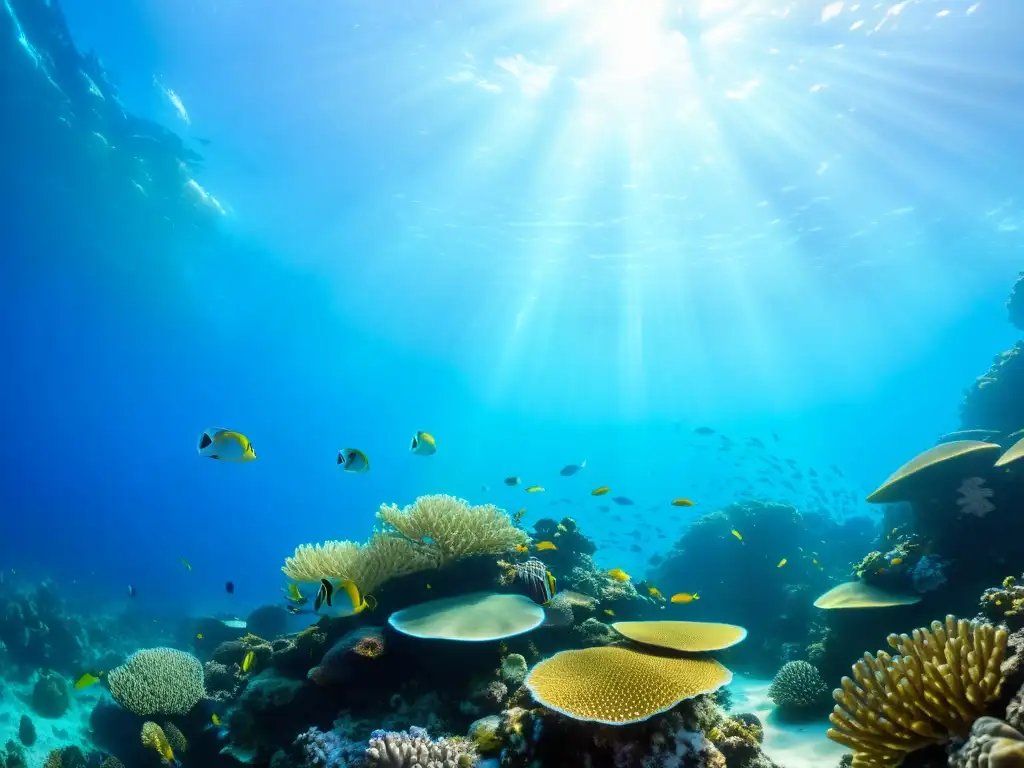 Fotografía submarina de un vibrante arrecife de coral, con peces coloridos entre las ramas y rayos de sol