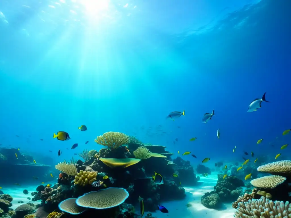 Fotografía submarina de un vibrante arrecife de coral, con peces coloridos y vida marina, bajo la luz del sol en el mar