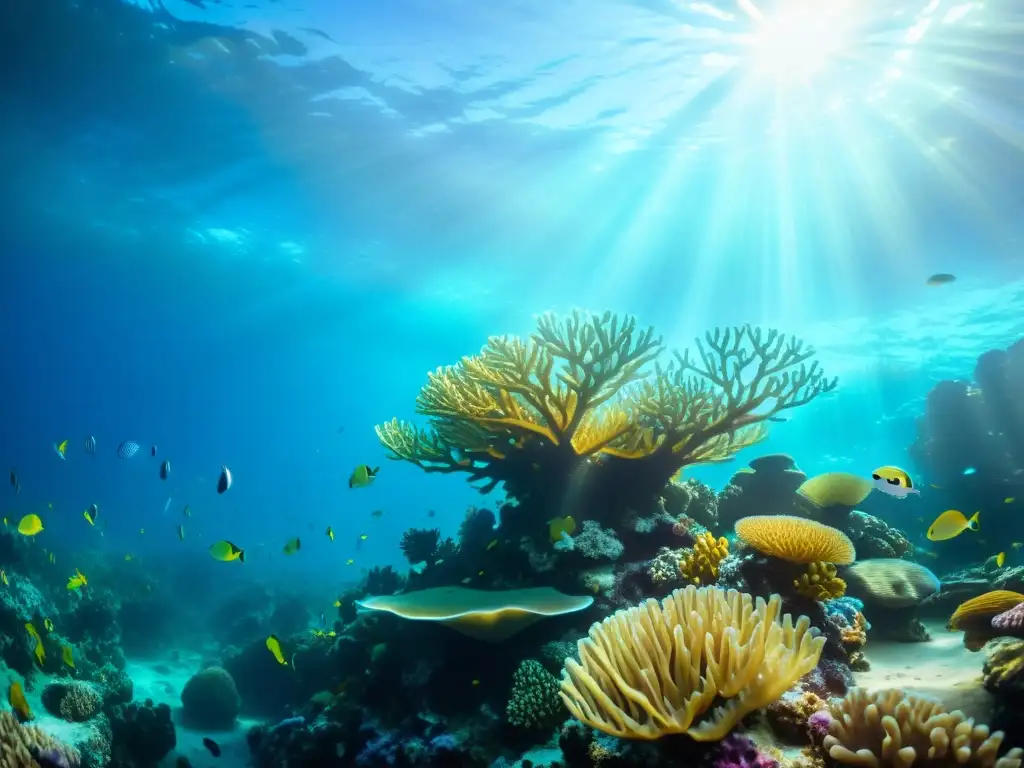 Una fotografía submarina que muestra un vibrante arrecife de coral con vida marina, patrones de luz y una atmósfera cautivadora