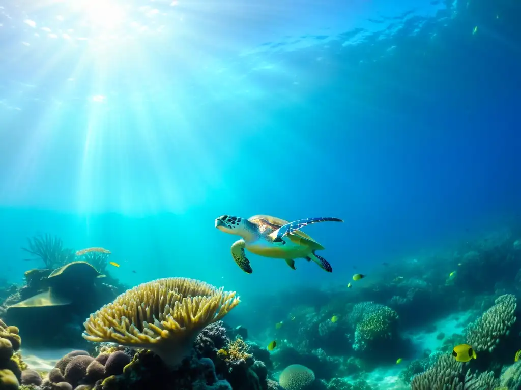 Fotografía submarina con vibrante arrecife de coral, peces iridiscentes y tortuga marina