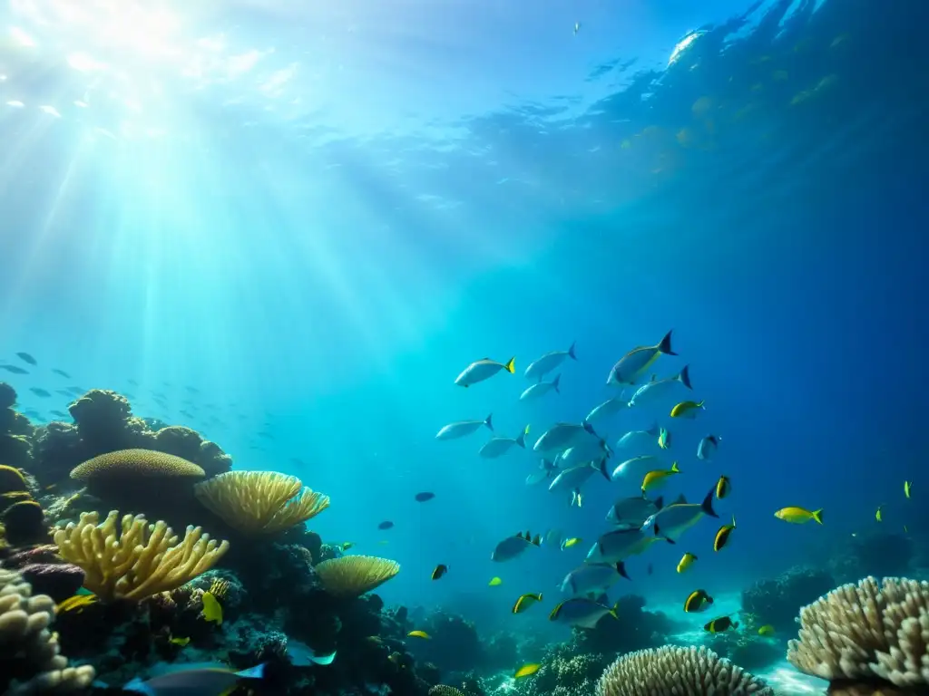 Exploración submarina de la vida marina: Una cautivadora imagen subacuática con peces coloridos entre corales, bañados por la luz solar