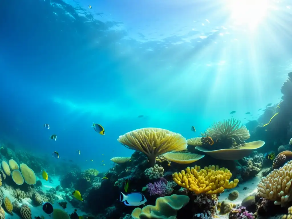 Una fotografía submarina de vida marina en un arrecife de coral vibrante, con peces coloridos y tortugas marinas, bajo el agua cristalina