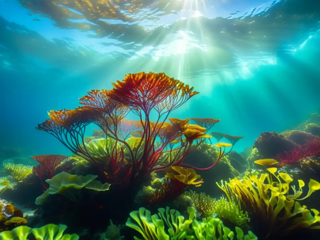 Un jardín submarino de algas comestibles en vibrante y diversa variedad, bañado por la luz del sol en aguas azules