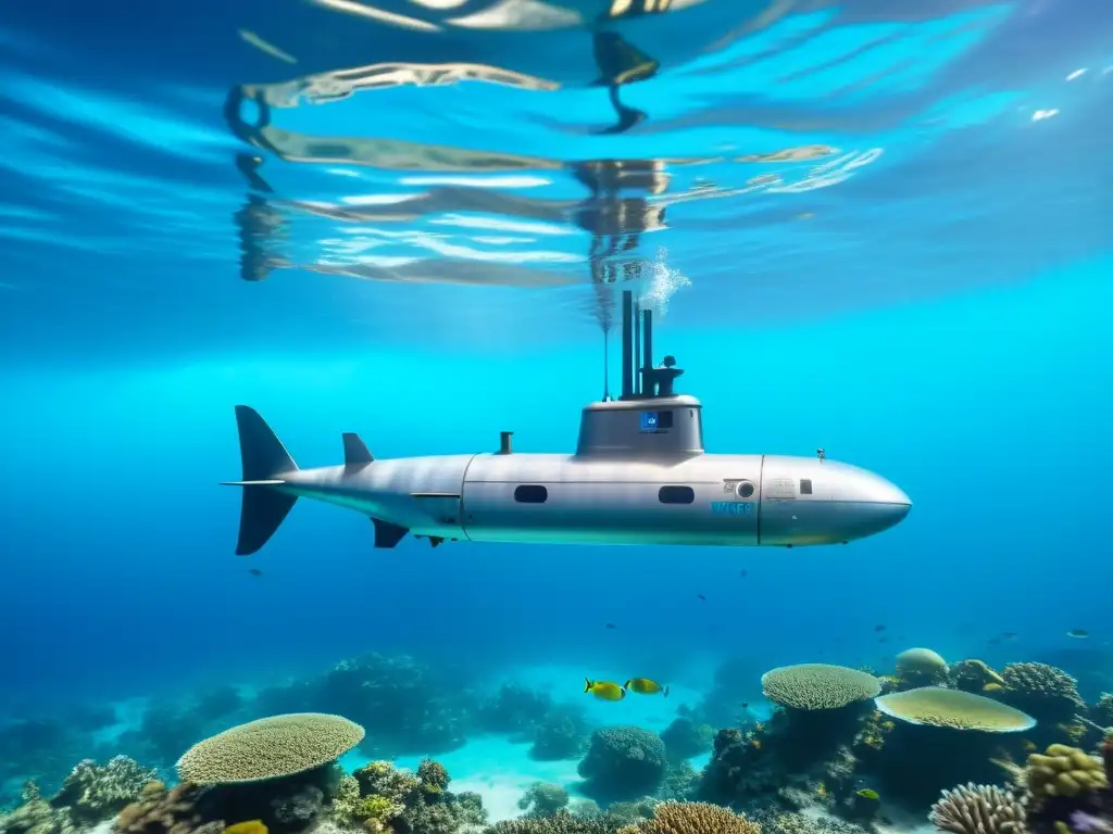 Submarino de alta tecnología con baterías submarinas de larga duración explorando las profundidades marinas entre corales y vida marina exótica