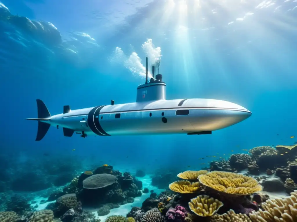 Un submarino autónomo surcando los arrecifes de coral, con tecnologías sonar mapeando el paisaje submarino