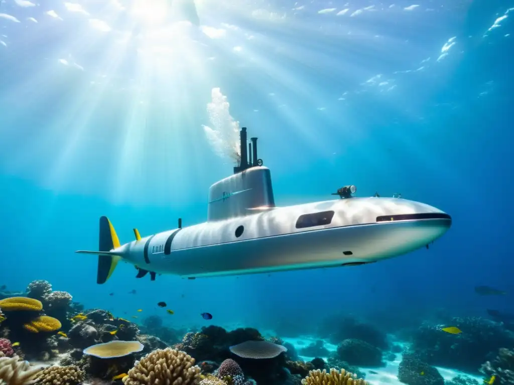 Submarino autónomo explorando ecosistemas marinos, gestionando datos submarinos autónomos en arrecife de coral vibrante