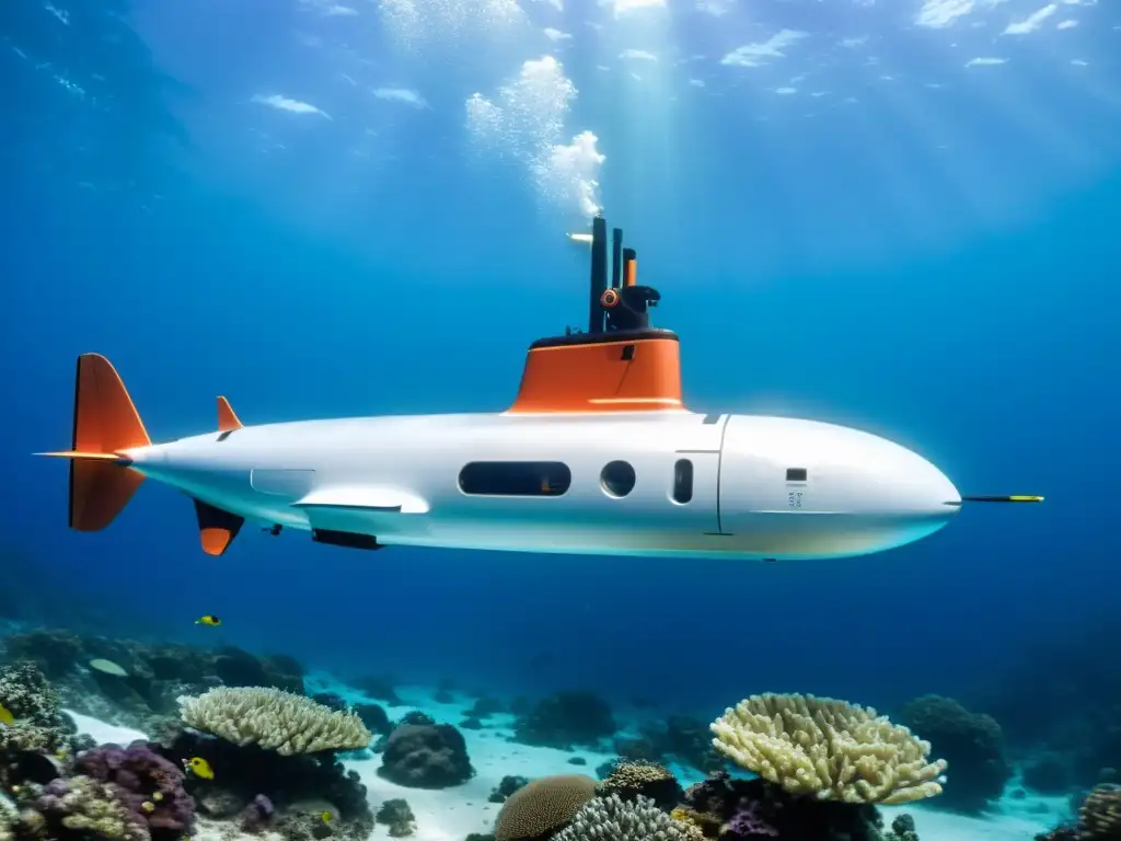 Un submarino autónomo surca elegante el océano, rodeado de colorida vida marina y arrecifes de coral