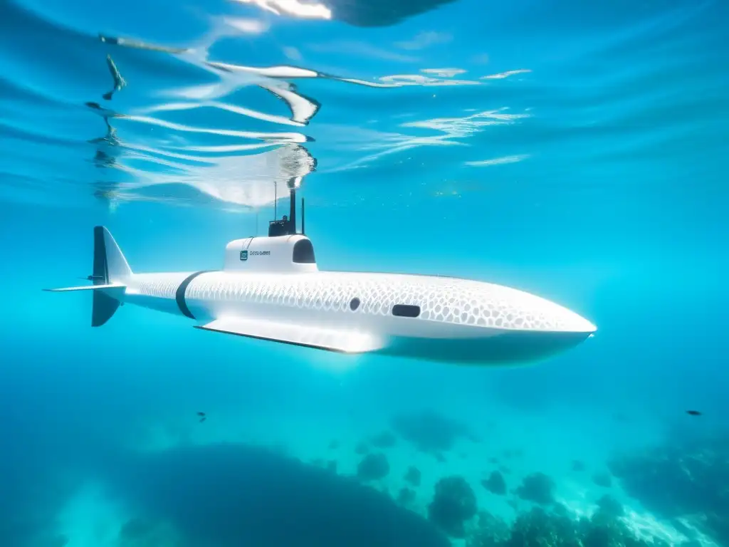 Un submarino autónomo futurista se desliza con elegancia a través de aguas turquesas, con sistemas de orientación claramente visibles