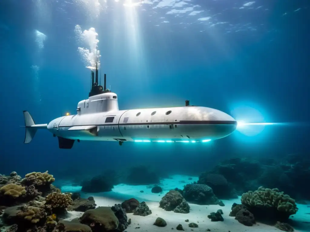 Un submarino autónomo de vanguardia explorando las profundidades del océano, iluminando la vida marina con luces LED