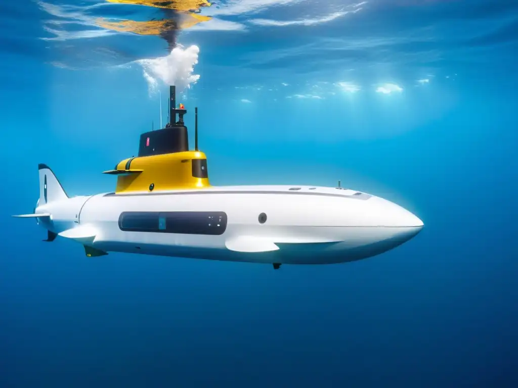 Un submarino autónomo de vanguardia con tecnologías sonar navegando elegantemente en aguas oceánicas cristalinas, destacando su innovación tecnológica