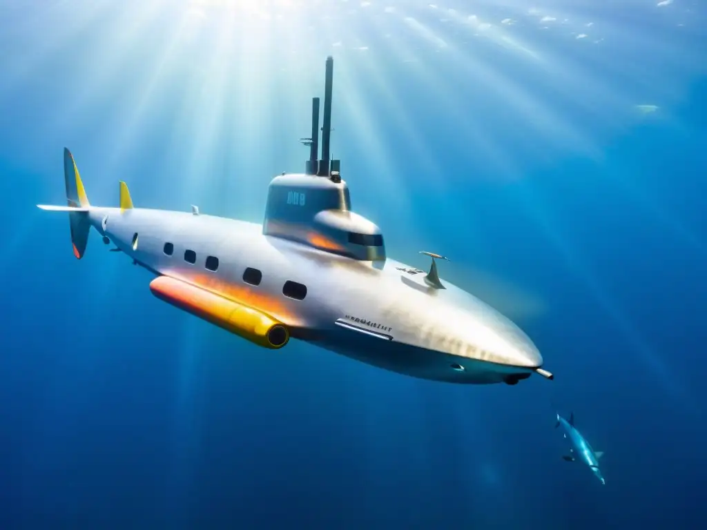 Un submarino futurista se desliza elegantemente en aguas cristalinas, rodeado de peces coloridos