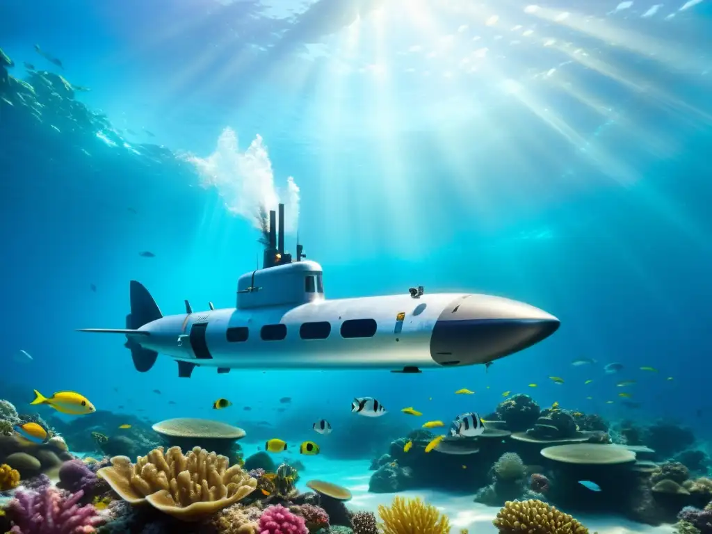 Exploración oceánica: submarino futurista navega entre peces y arrecifes de coral en aguas cristalinas