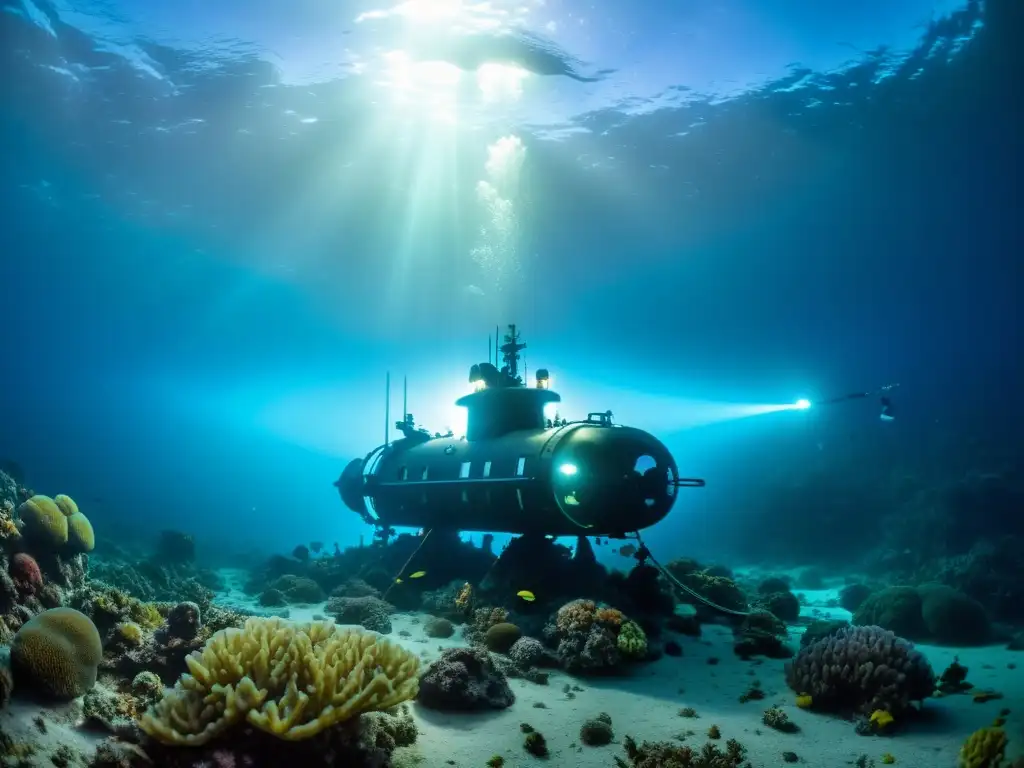 Exploración marina abisal: Submarino rodeado por criaturas bioluminiscentes y coral vibrante en las profundidades del océano