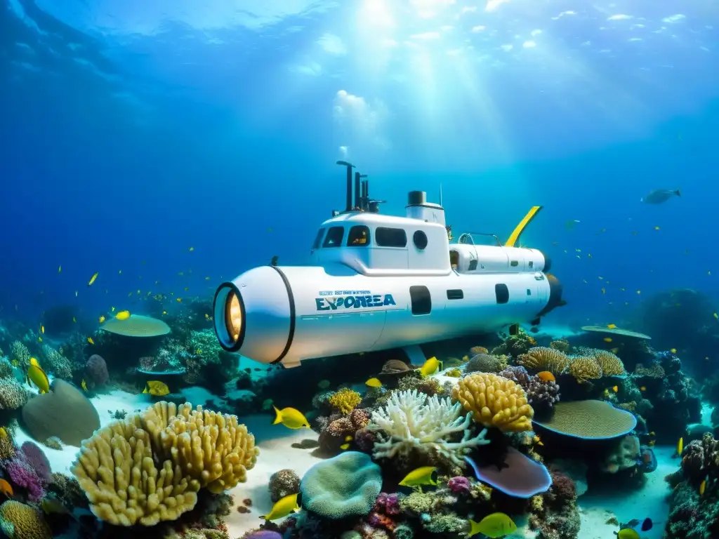 Exploración submarina oceánica: Submersible iluminado surca arrecife de coral en un vibrante mundo submarino