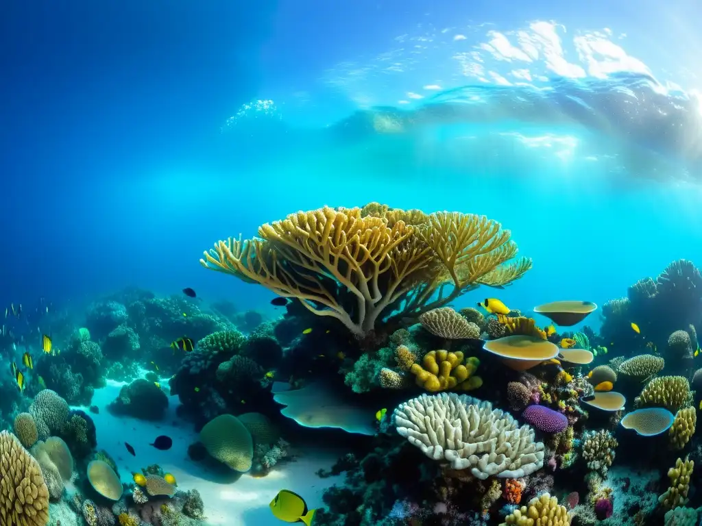 Sumérgete en un asombroso paisaje submarino de un vibrante arrecife de coral lleno de vida marina