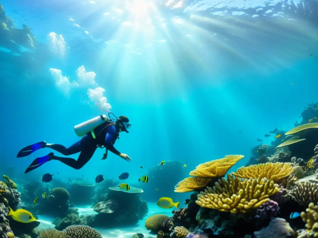 Un superhéroe protege la vida marina en un vibrante arrecife de coral