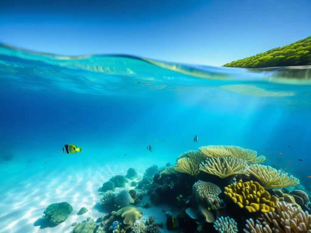 Evitar suspensión particulas tomas subacuáticas: Fotografía impresionante del fondo marino con arrecifes de coral vibrantes y peces coloridos nadando en aguas cristalinas