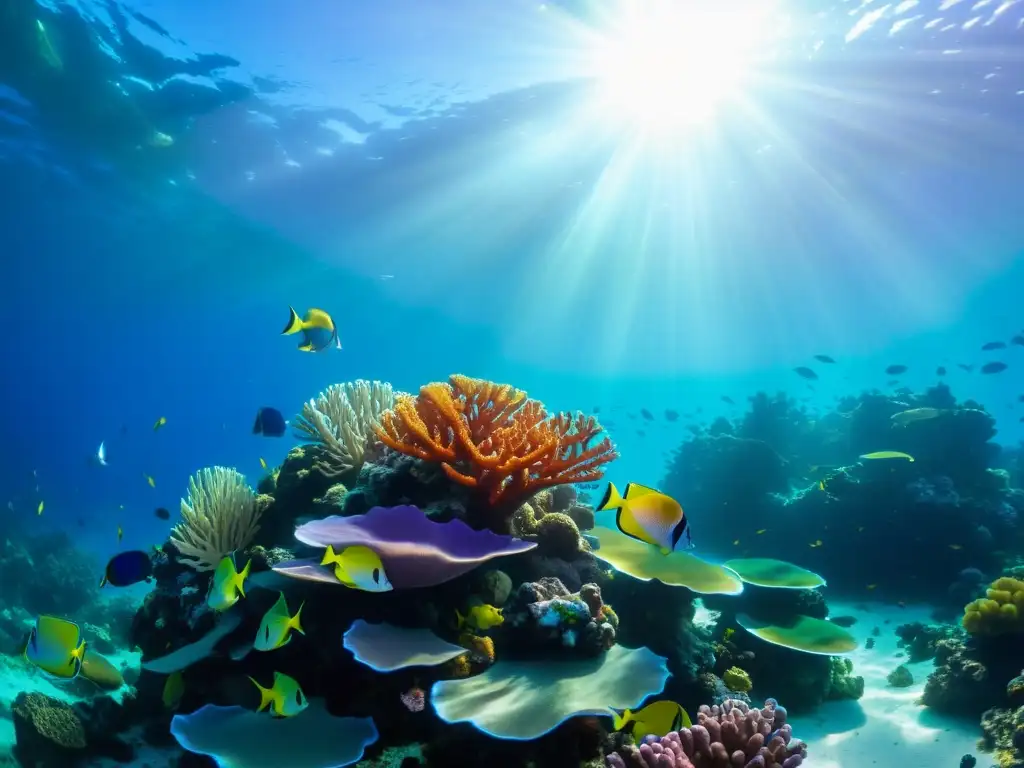 Taller de balance de blancos marino: Fotografía submarina de un arrecife de coral vibrante, con peces de colores y luz filtrada en el agua