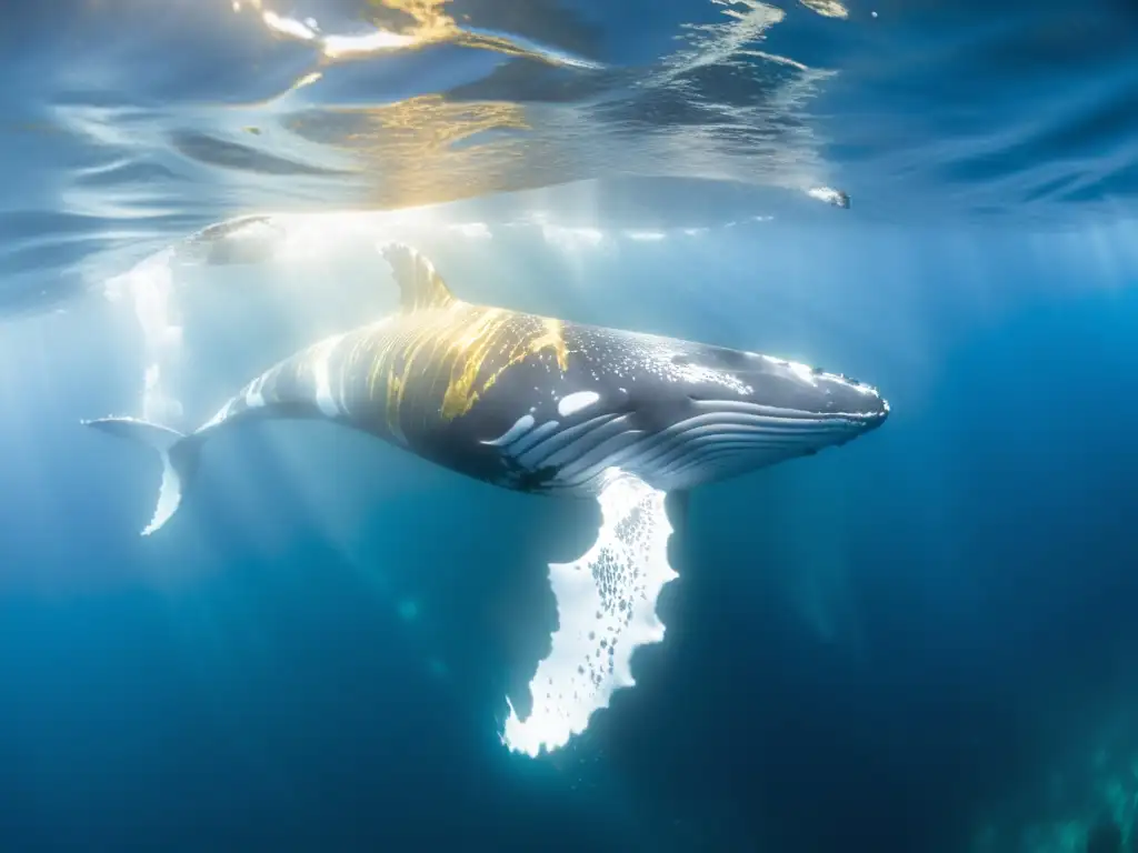 Técnica para fotografiar ballenas respetando su entorno: majestuosa ballena jorobada nada serena en aguas cristalinas, rodeada de peces brillantes