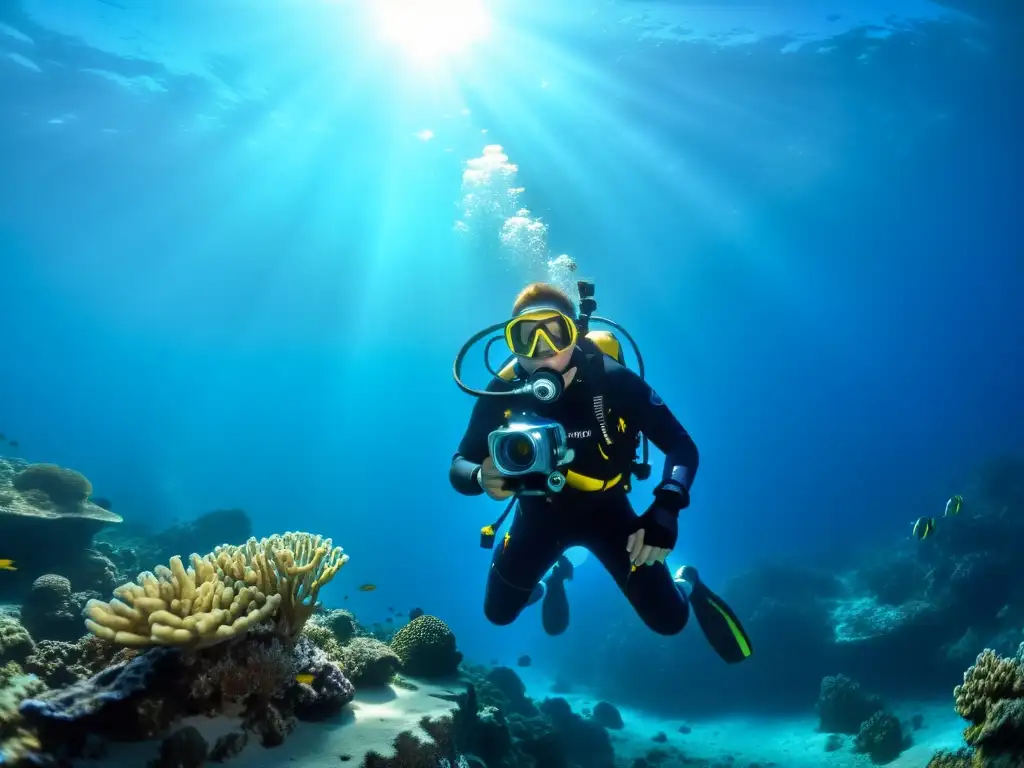 Técnica de descenso para videógrafos submarinos: inmersión en el azul profundo, capturando la vida marina entre rayos de luz