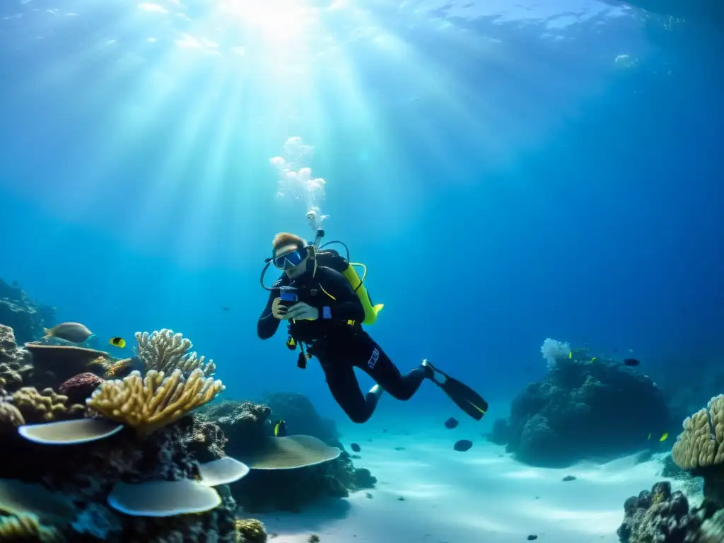 Técnica de descenso para videógrafos submarinos capturando la belleza del océano