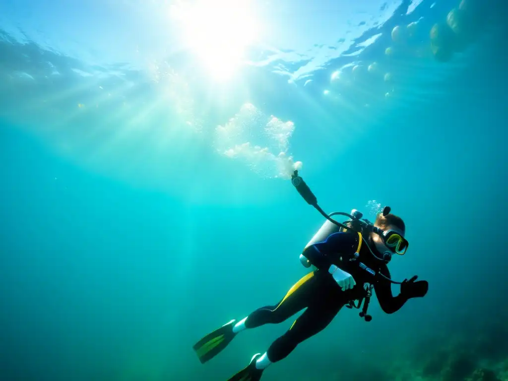 Técnicas para economizar aire buceo: Belleza acuática con burbujas ascendentes y regulador de buceador iluminado por la luz del sol