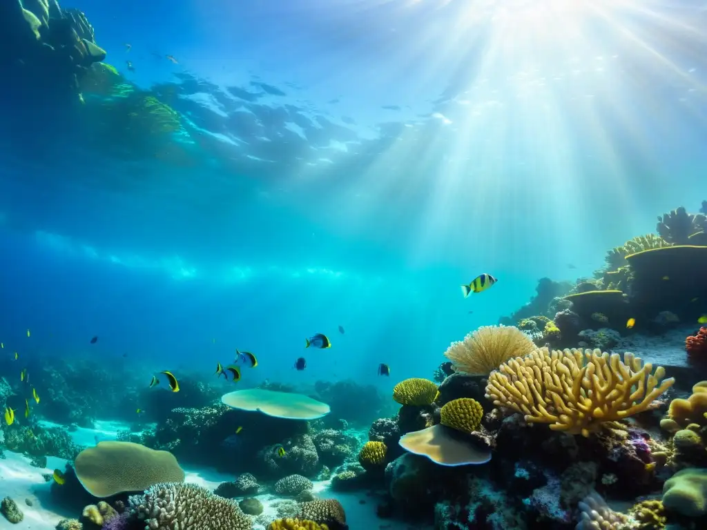 Técnicas avanzadas para claridad del agua marina: un arrecife de coral vibrante con peces coloridos y aguas cristalinas bajo la luz solar submarina