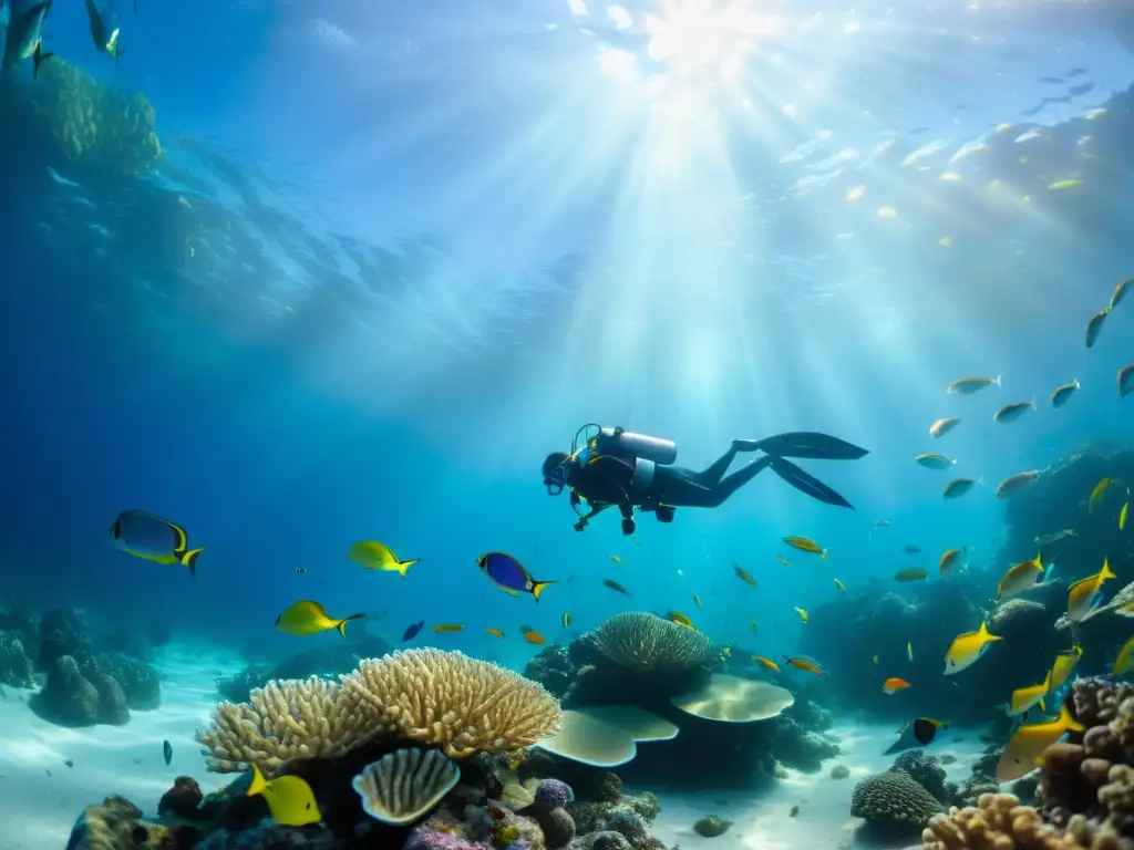 Técnicas de meditación para buceo: Un mar sereno con peces y corales vibrantes, creando un ambiente tranquilo y cautivador bajo el agua