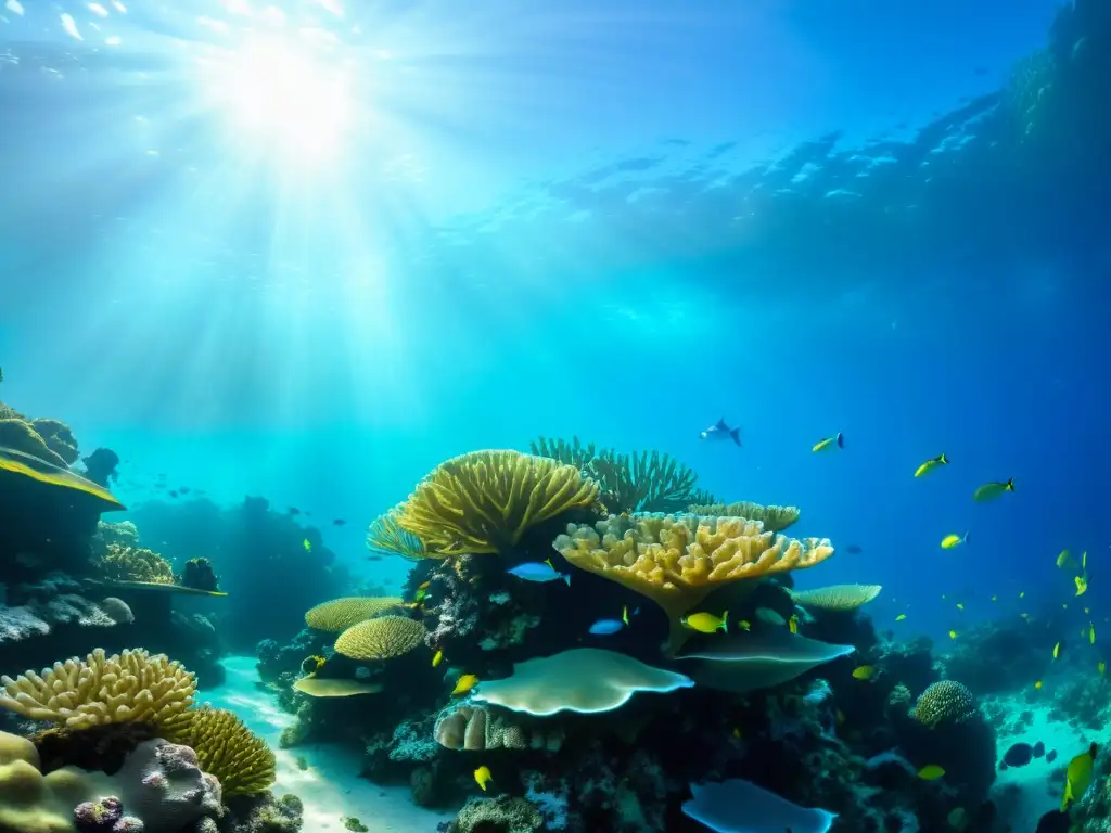 Técnicas de inmersión para fotógrafos submarinos: un arrecife de coral vibrante, repleto de vida marina colorida y un ambiente mágico bajo el agua