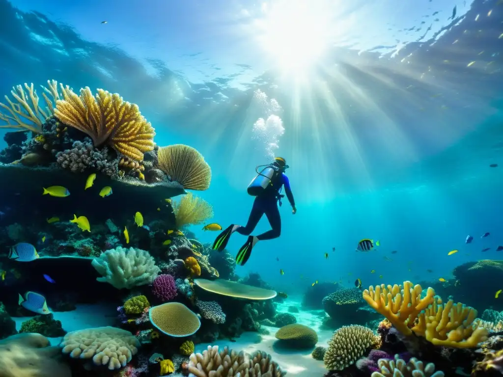 Técnicas de supervivencia para fotógrafos submarinos: una colorida y vibrante escena submarina, con un arrecife de coral repleto de vida marina en un juego de luz y color