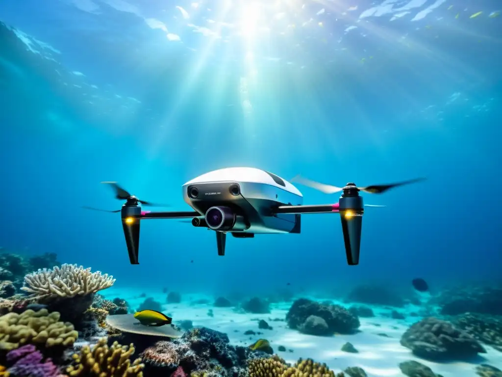 Exploración submarina tecnológica sostenible: Drone de exploración bajo el agua rodeado de arrecifes de coral y vida marina, iluminado por la luz solar filtrada