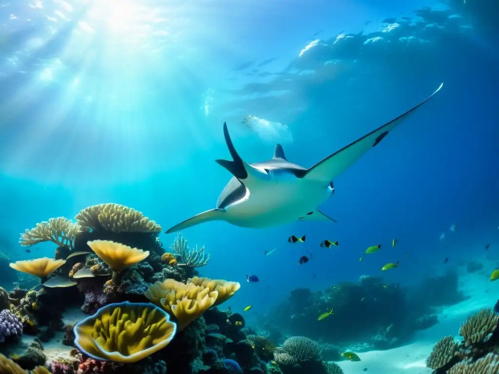 Exploración submarina tecnológica sostenible: Fotografía impresionante de un vibrante arrecife de coral, repleto de vida marina y colores hipnóticos