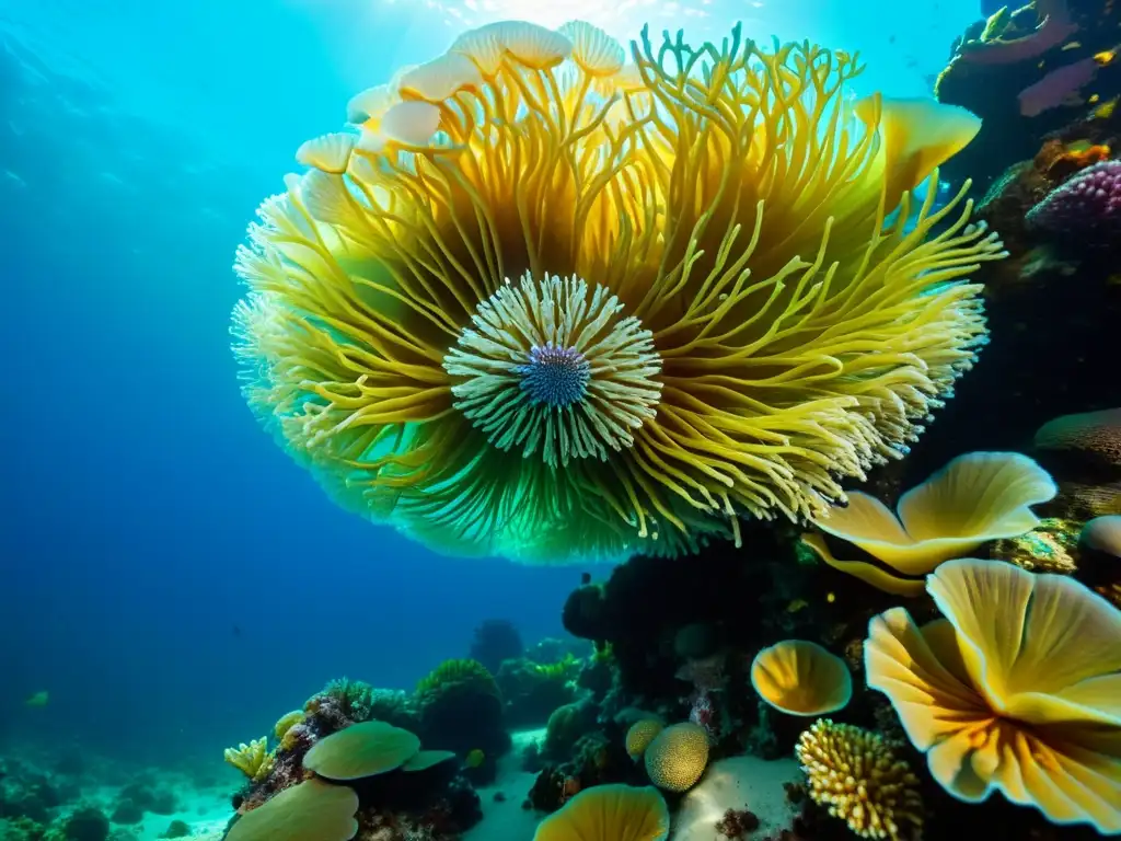 Telas que imitan la vida marina: Fotografía submarina de un arrecife de coral con colores vibrantes y texturas detalladas, iluminado por la luz del sol