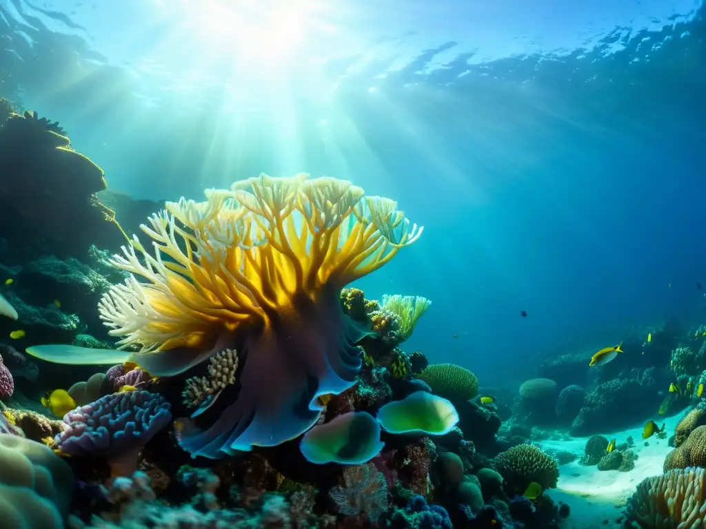 Telas que imitan la vida marina: Fotografía submarina de un arrecife de coral vibrante, con peces, anémonas y estrellas de mar, bañado por la luz del sol