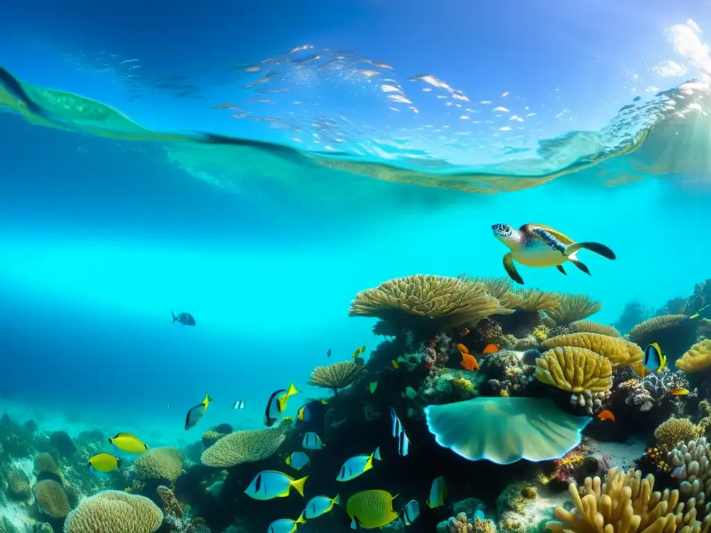 Preparación para temporada de huracanes marinos: Un vibrante arrecife de coral lleno de vida marina colorida, aguas turquesas y tortugas marinas