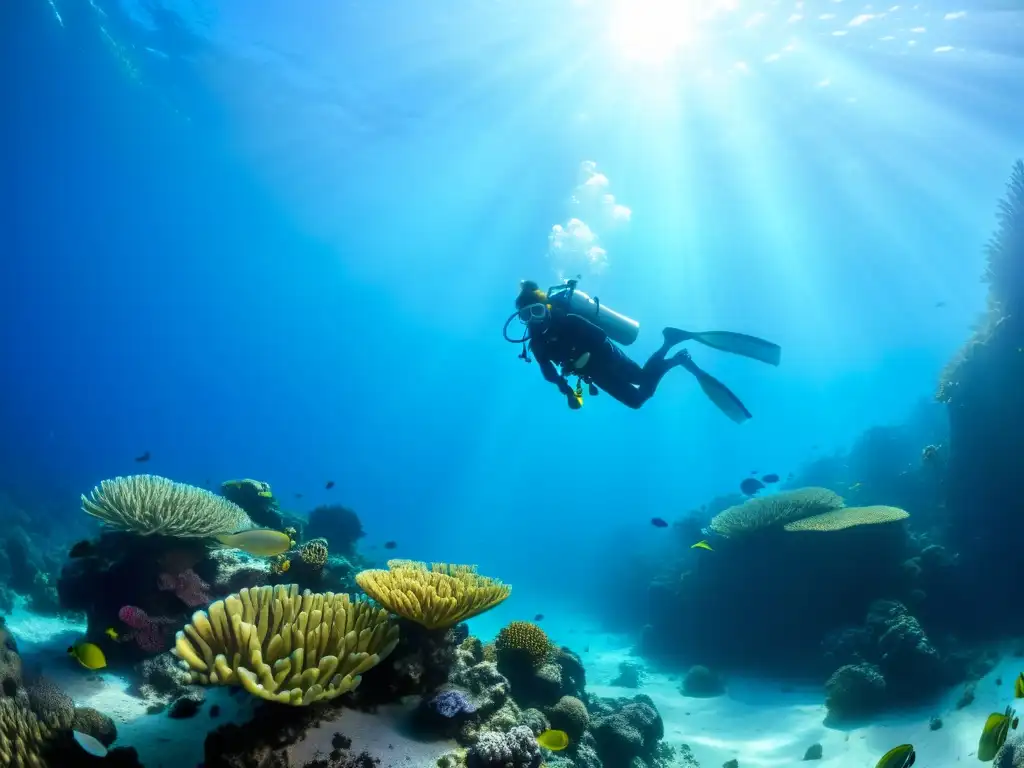 Exploración marina en terapia hiperbárica: buceador entre corales, juegos de luz y vida submarina, destacando beneficios de la medicina hiperbárica