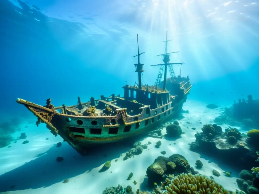 Recuperación tesoros galeones hundidos: Fotografía submarina de un galeón hundido, envuelto en misterio y belleza bajo el agua cristalina