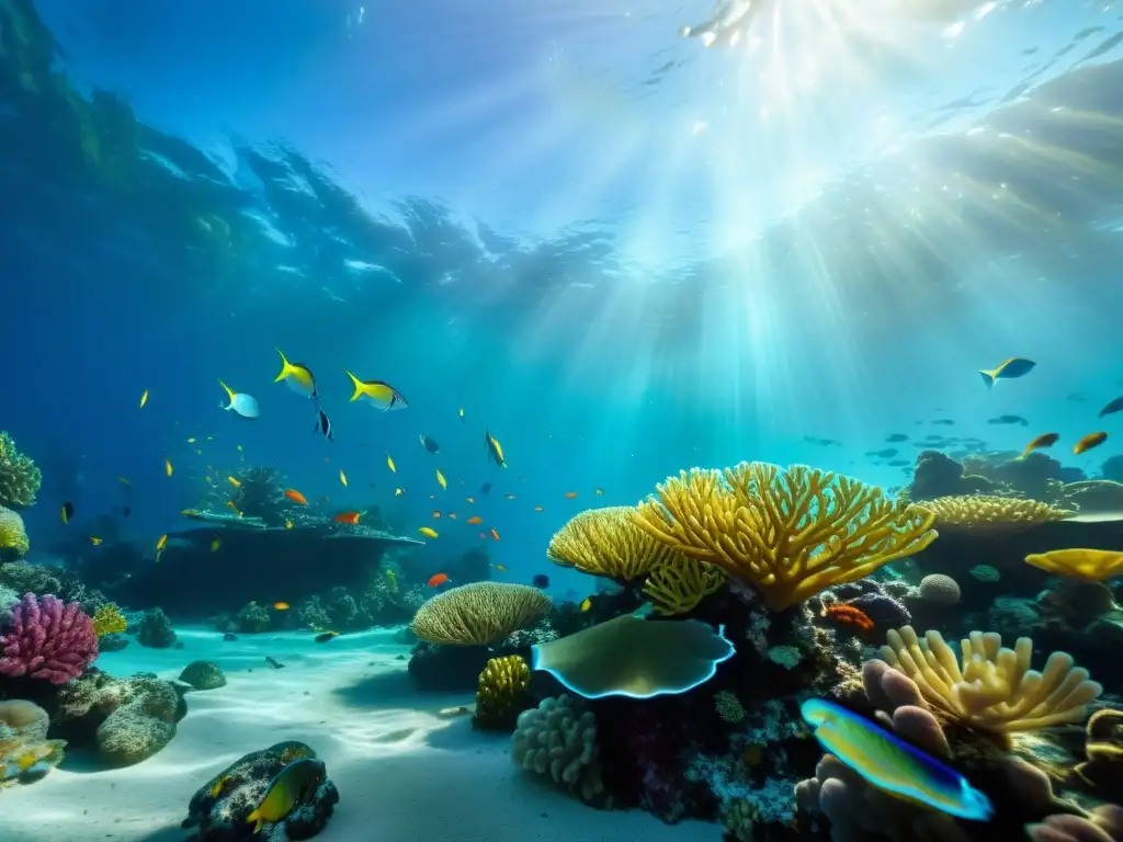 Descubriendo tesoros marinos ocultos: una asombrosa escena submarina llena de vida, con peces coloridos, plantas marinas y corales