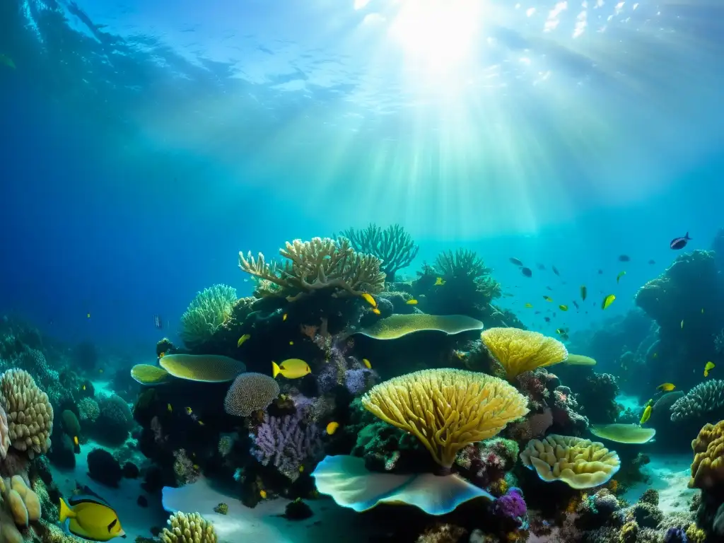 Descubriendo tesoros marinos ocultos: imagen vibrante de un arrecife de coral colorido, repleto de vida marina bajo la luz solar
