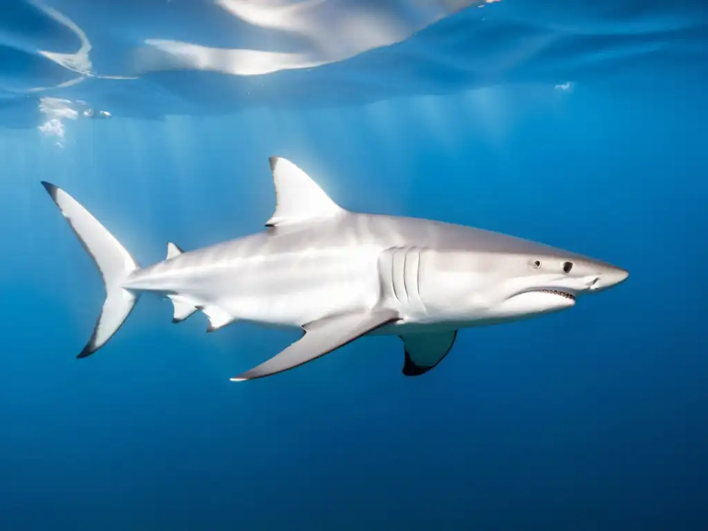 Un tiburón azul se desliza con elegancia en la diversidad de tiburones en océanos, mostrando su belleza en el agua cristalina del océano