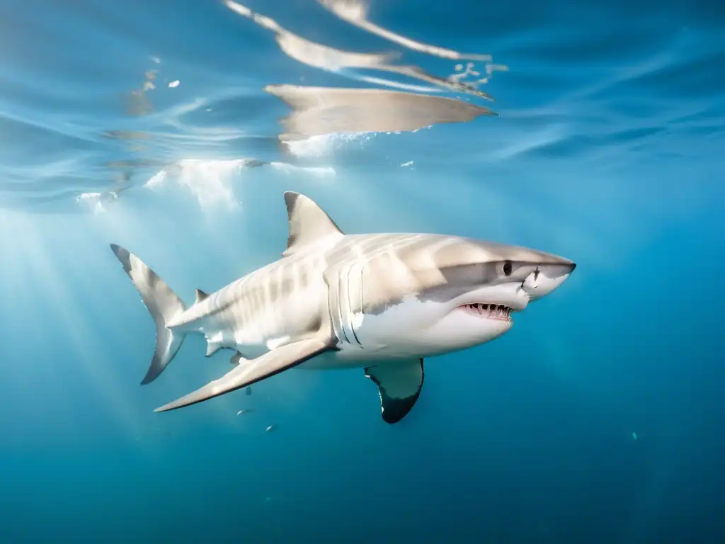 Un tiburón blanco acechando en aguas cristalinas, listo para cazar