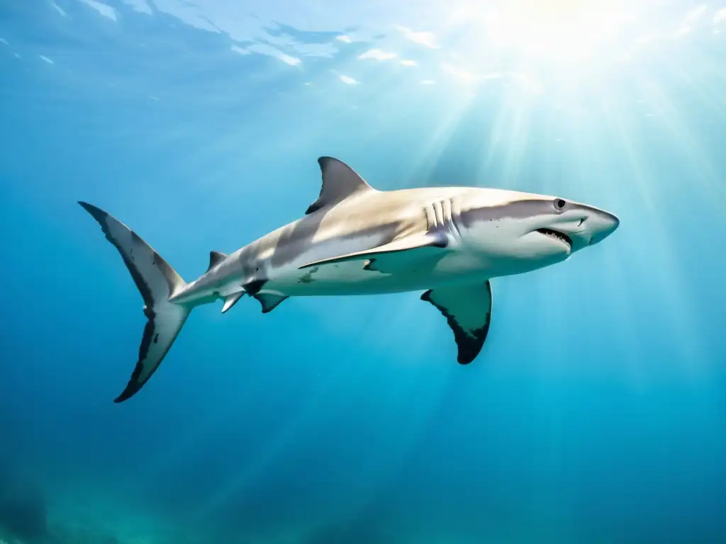 Un tiburón martillo nada elegante en el agua cristalina del océano, destacando las marcas en su piel