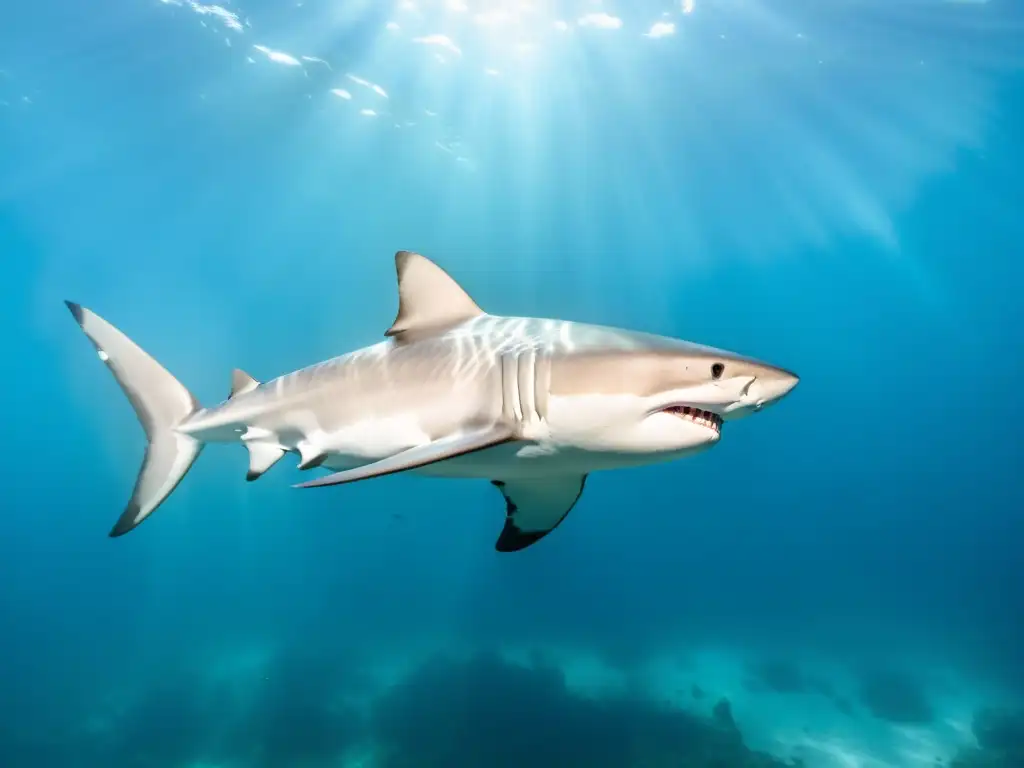 Un tiburón majestuoso nadando en aguas cristalinas, exudando gracia y peligro