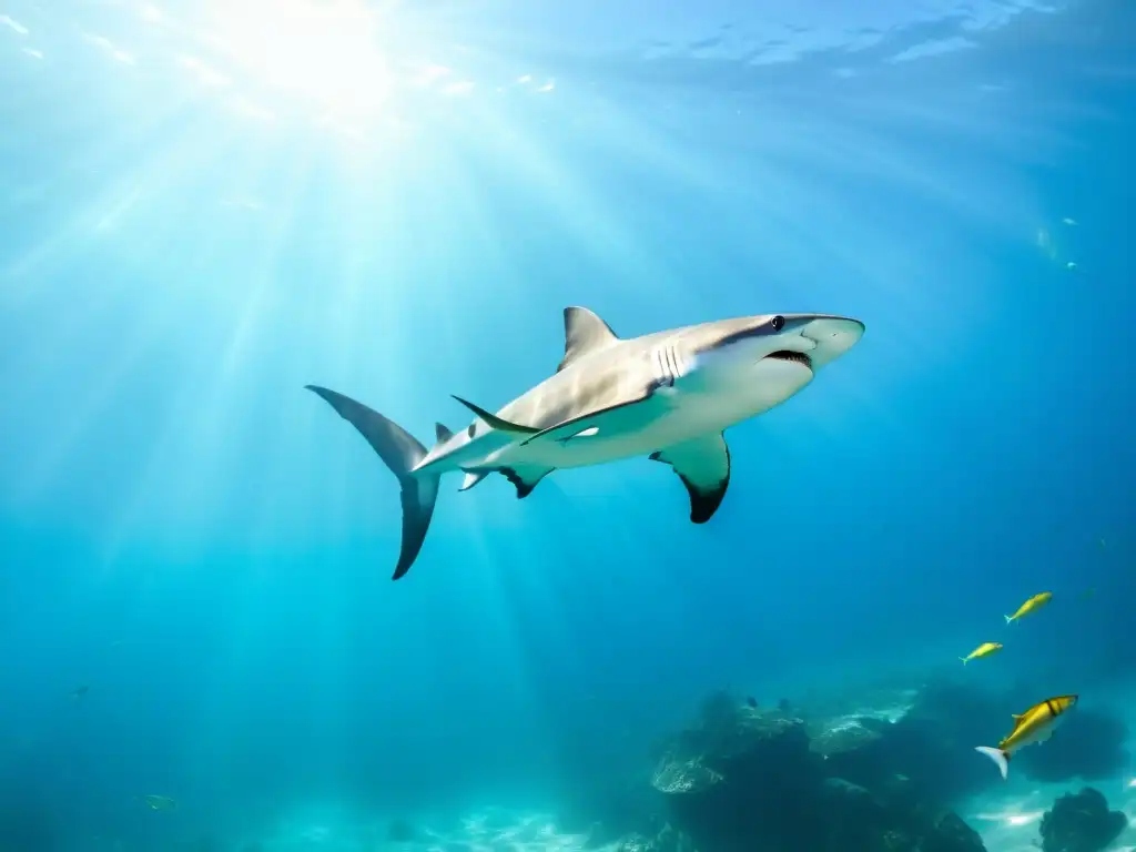 Un tiburón martillo majestuoso nada entre peces coloridos en aguas cristalinas, destacando la protección de tiburones en reportes ciudadanos